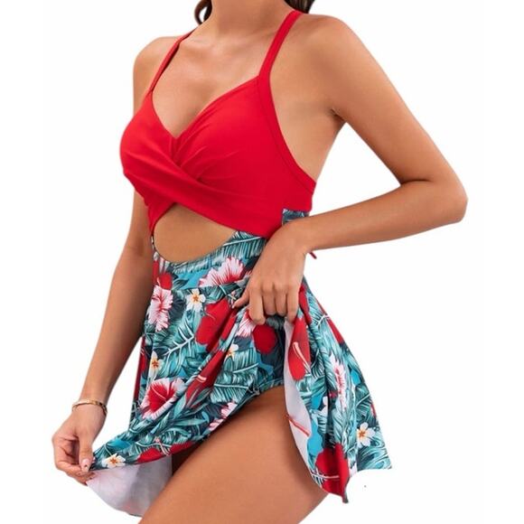 B2prity Women's Medium Red Blue Cutout One Piece Skirt V-Neck Wrap Back Swimsuit - Picture 2 of 6